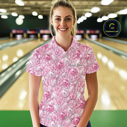 Custom Pink Butterfly Bowling Women Polo Shirt, Ladies Bowlers Outfit IPHW10931