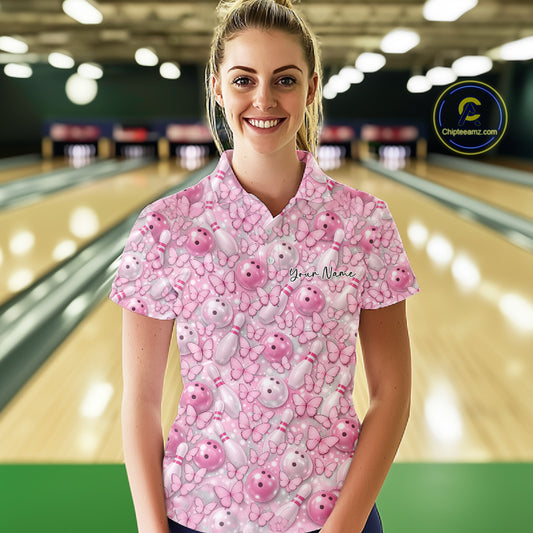 Custom Pink Butterfly Bowling Women Polo Shirt, Ladies Bowlers Outfit IPHW10931