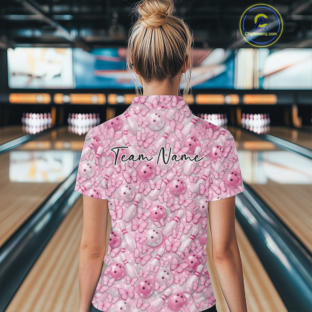Custom Pink Butterfly Bowling Women Polo Shirt, Ladies Bowlers Outfit IPHW10931