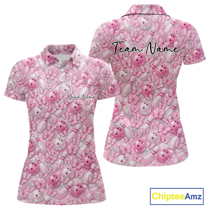 Custom Pink Butterfly Bowling Women Polo Shirt, Ladies Bowlers Outfit IPHW10931