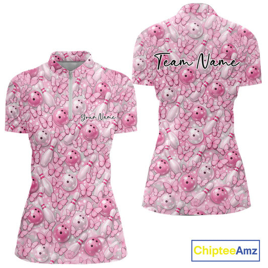Custom Pink Butterfly Bowling Women Quarter-Zip Shirt, Ladies Bowlers Outfit IPHW10931