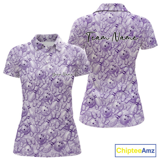 Custom Blue Butterfly Bowling Women Polo Shirt, Ladies Bowlers Outfit IPHW10932