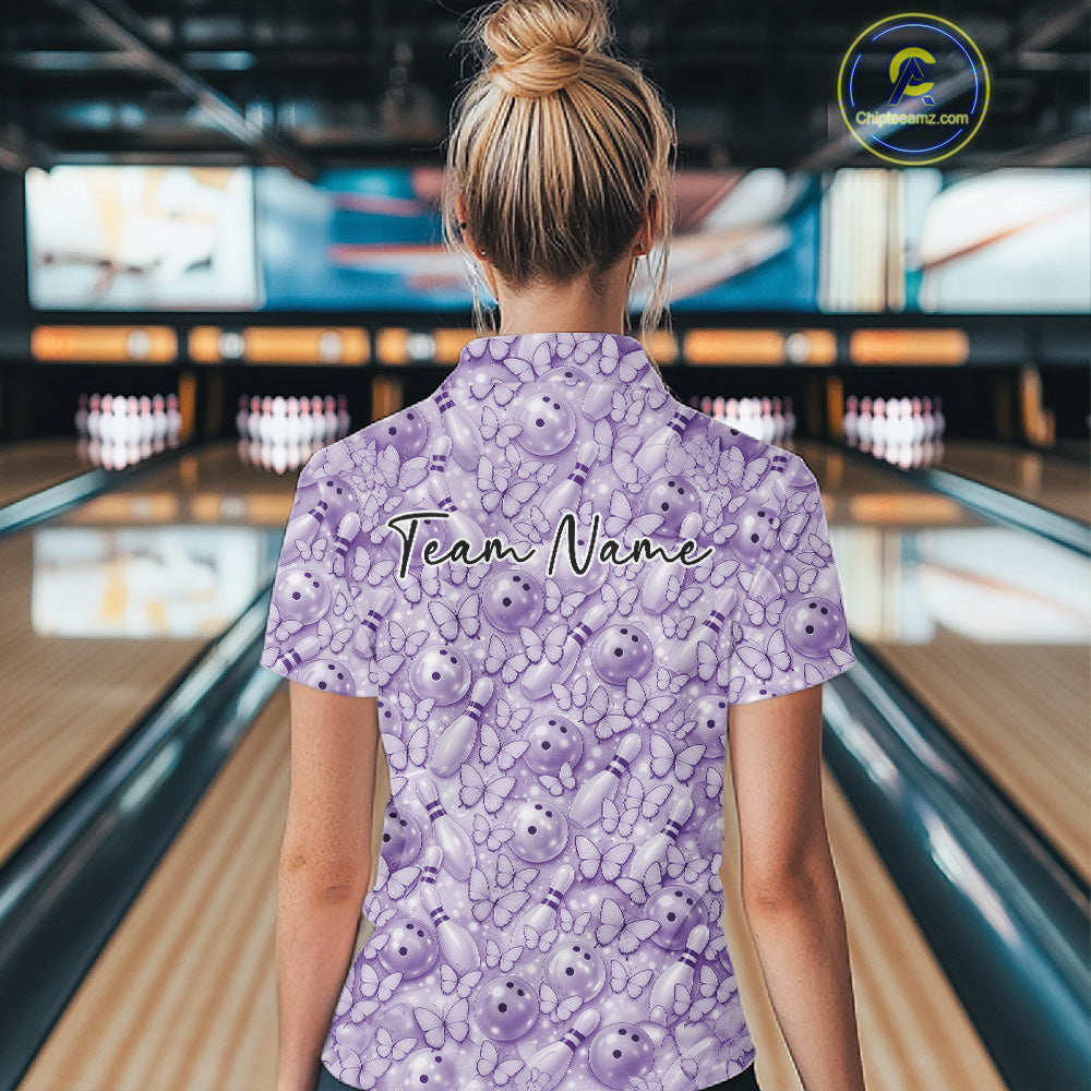 Custom Blue Butterfly Bowling Women Polo Shirt, Ladies Bowlers Outfit IPHW10932