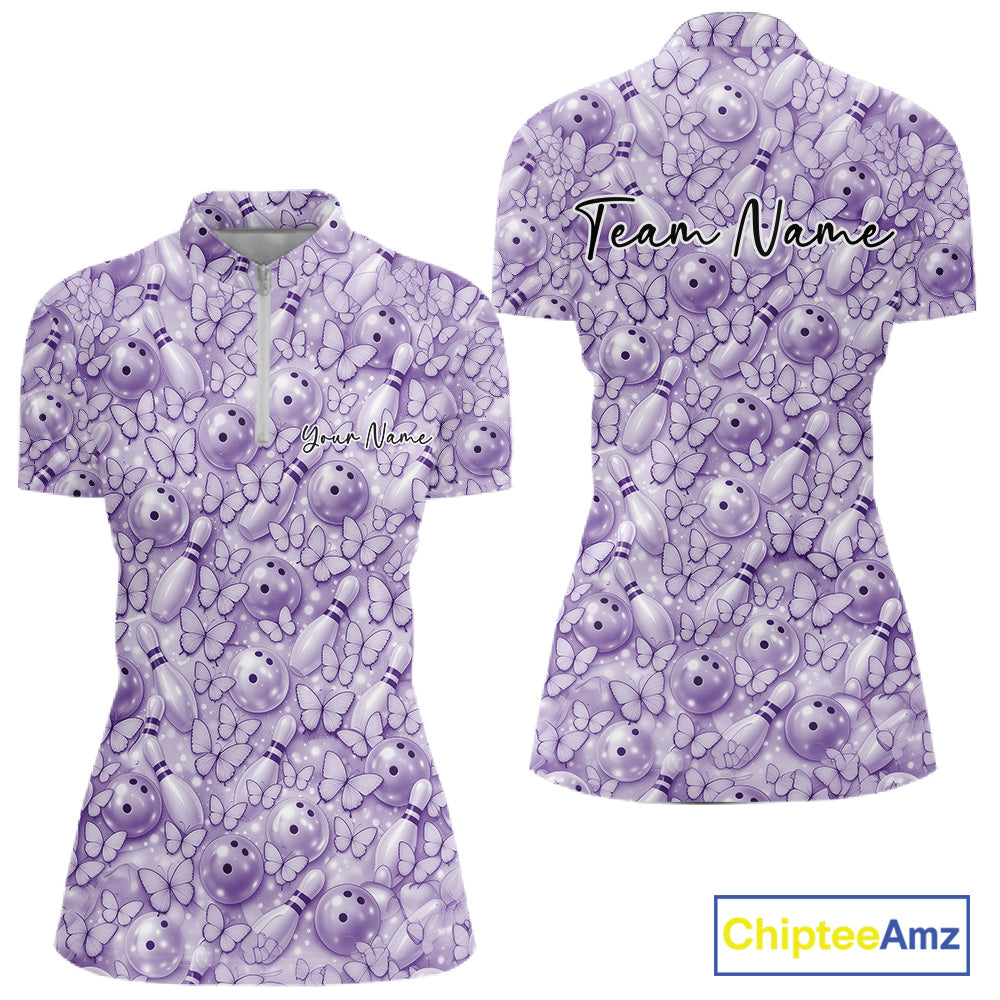 Custom Blue Butterfly Bowling Women Quarter-Zip Shirt, Ladies Bowlers Outfit IPHW10932