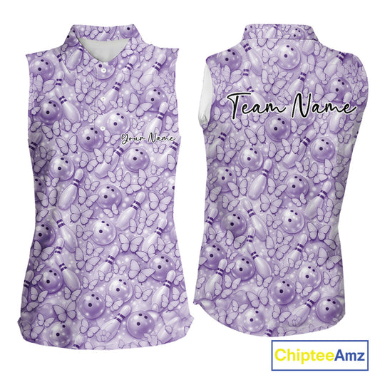 Custom Blue Butterfly Bowling Women Sleeveless Polo Shirt, Ladies Bowlers Outfit IPHW10932