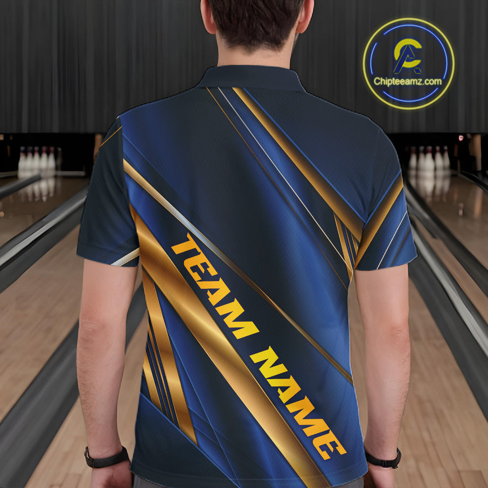 Custom Blue And Gold Stripes Men Bowling Polo Shirt, Golden Bowling Team Jerseys IPHW11610