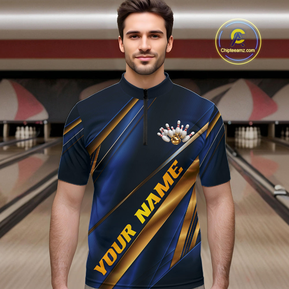 Custom Blue And Gold Stripes Men Bowling Quarter Zip Shirt, Golden Bowling Team Jerseys IPHW11610