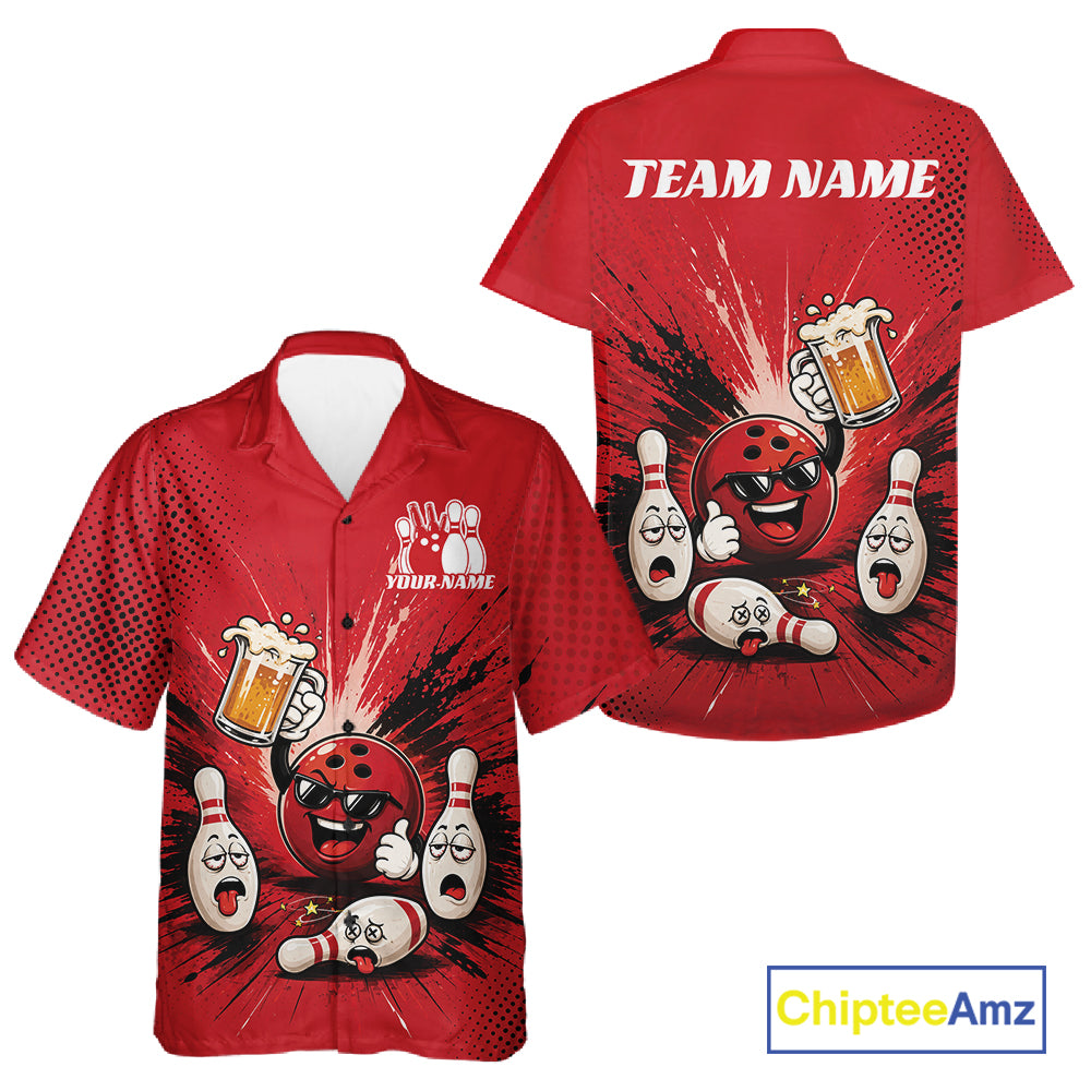 Red short-sleeve button-up bowling-themed shirt shown from both front and back on a white background. The front and back feature cartoon bowling balls, bowling pins, beer mugs, and customizable text areas reading TEAM NAME and YOUR NAME.