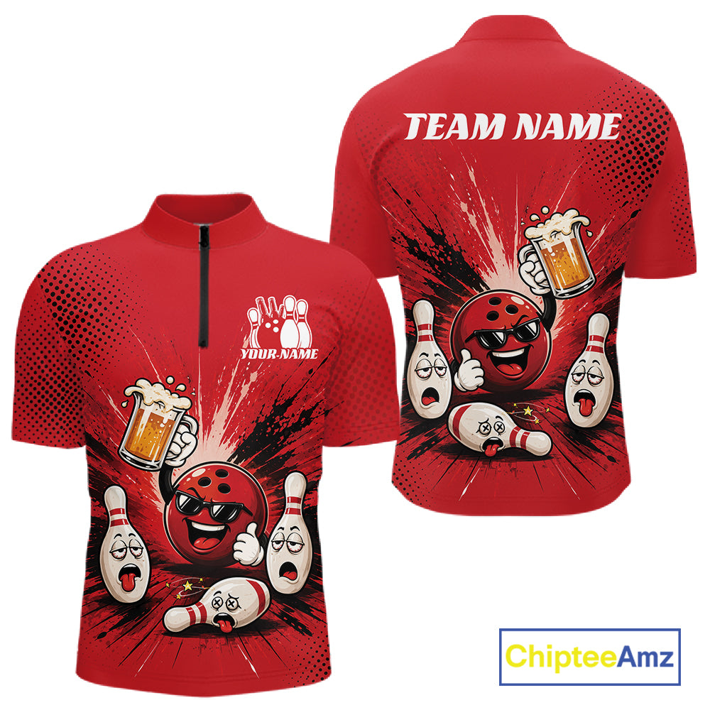 Red short-sleeve quarter-zip bowling-themed team shirt shown from front and back on a white background. The front has a black zipper, white bowling pins, a red bowling ball character, and foam mug graphics with placeholder text 'YOUR NAME' and 'TEAM NAME' on the back.