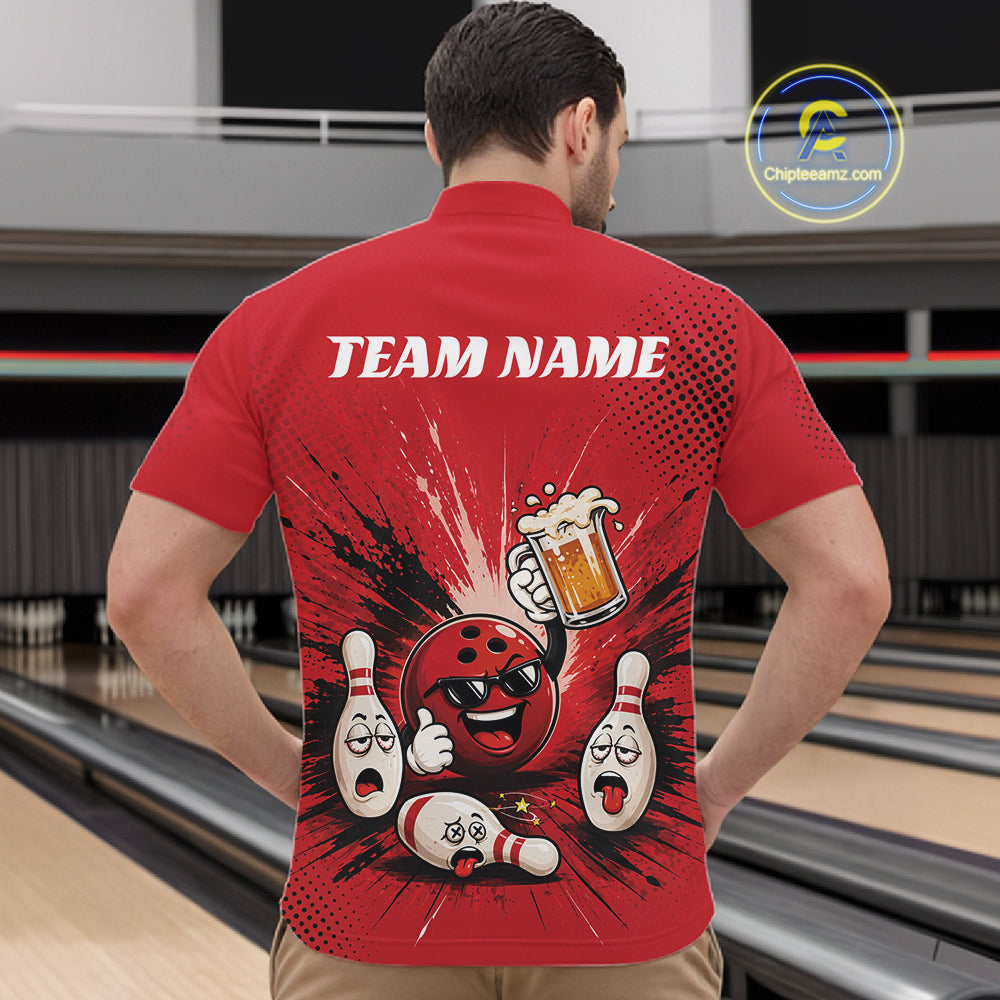 A man viewed from behind wearing a red bowling-themed short-sleeve shirt with a large cartoon bowling ball, pins, beer glass, and the text 'TEAM NAME' on the back. 