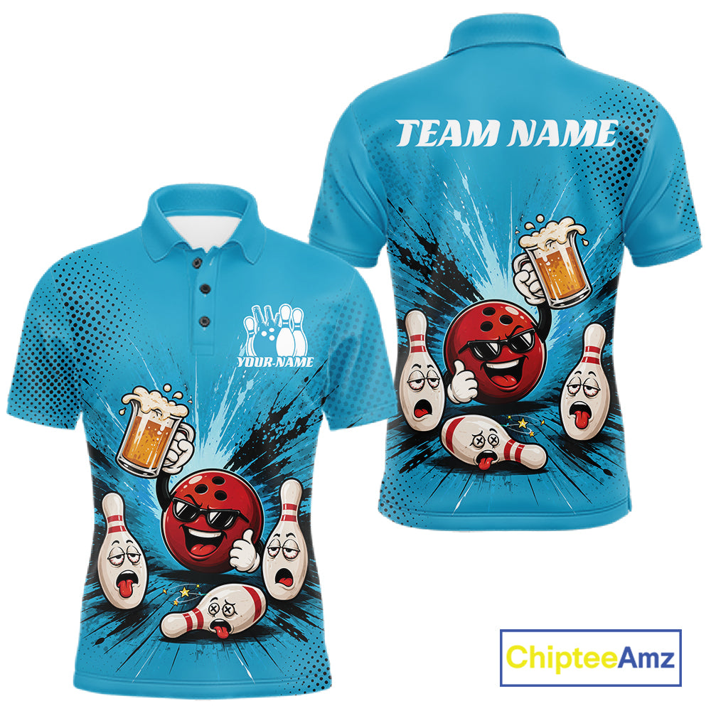 Custom Funny Beer Pitcher Bowling Men Polo Shirt, Blue Bowling Party Shirt IPHW11854