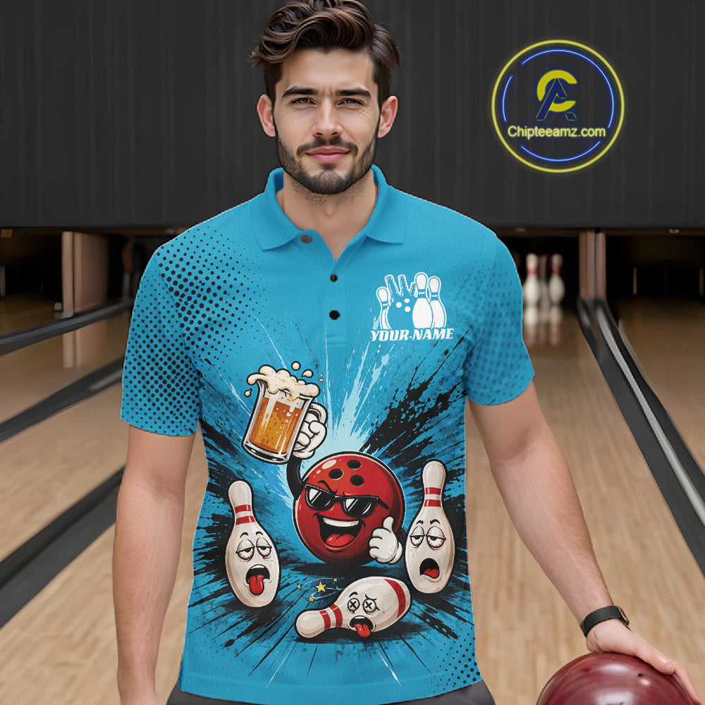 Custom Funny Beer Pitcher Bowling Men Polo Shirt, Blue Bowling Party Shirt IPHW11854