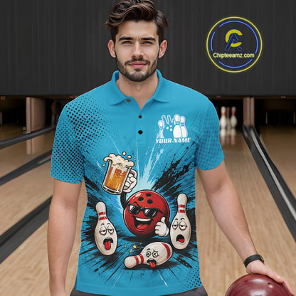 Custom Funny Beer Pitcher Bowling Men Polo Shirt, Blue Bowling Party Shirt IPHW11854