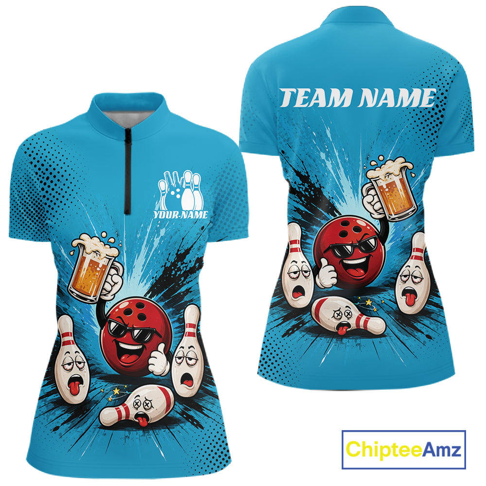 Front and back views of a womens blue short-sleeve quarter-zip performance shirt with bowling-themed cartoon graphics, including a red bowling ball, white bowling pins, and beer mugs. The front shows a mock 'YOUR NAME' logo on the chest, and the back displays 'TEAM NAME' text.