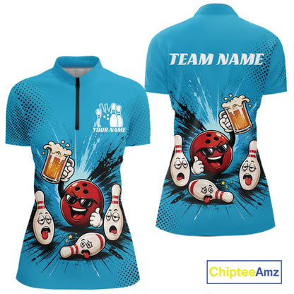 Front and back views of a womens blue short-sleeve quarter-zip performance shirt with bowling-themed cartoon graphics, including a red bowling ball, white bowling pins, and beer mugs. The front shows a mock 'YOUR NAME' logo on the chest, and the back displays 'TEAM NAME' text.