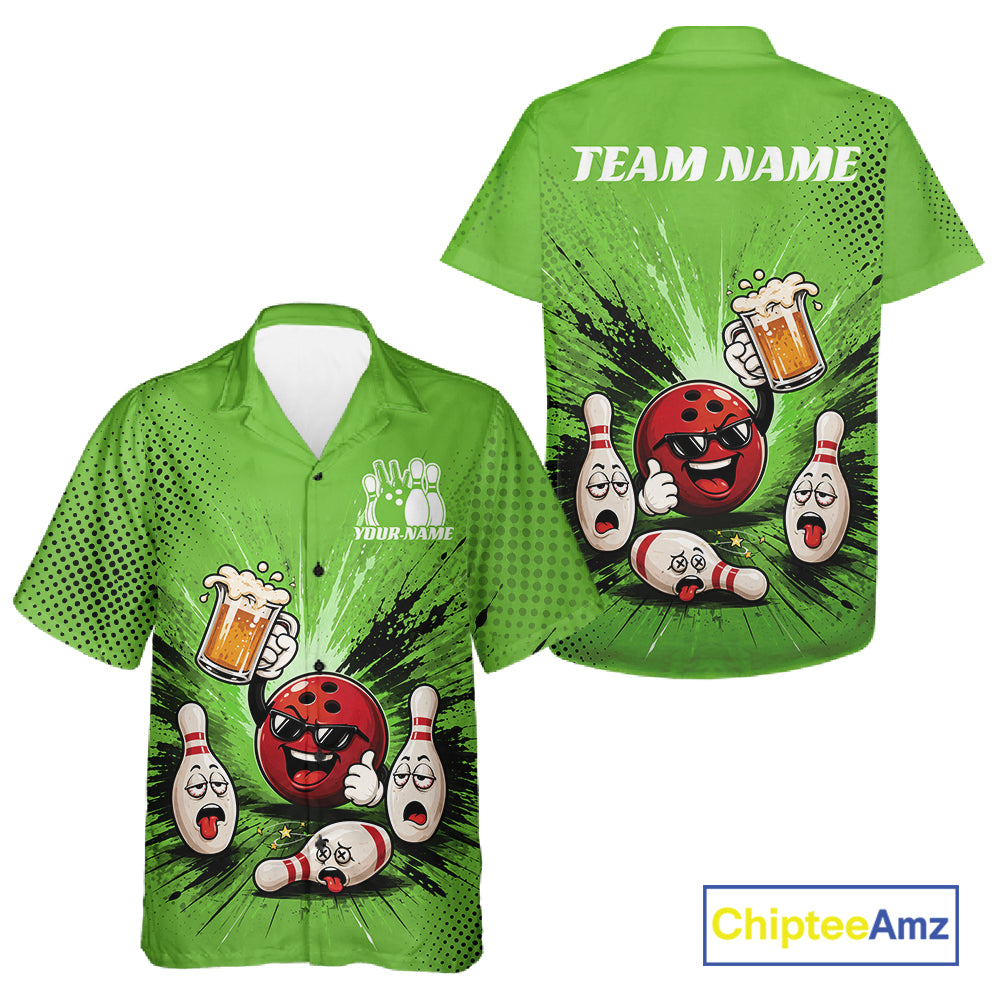 Green short-sleeve button-up bowling-themed shirt shown from front and back on a white background. The shirt features cartoon bowling balls, pins, beer mugs, and customizable text areas including TEAM NAME and YOUR NAME.