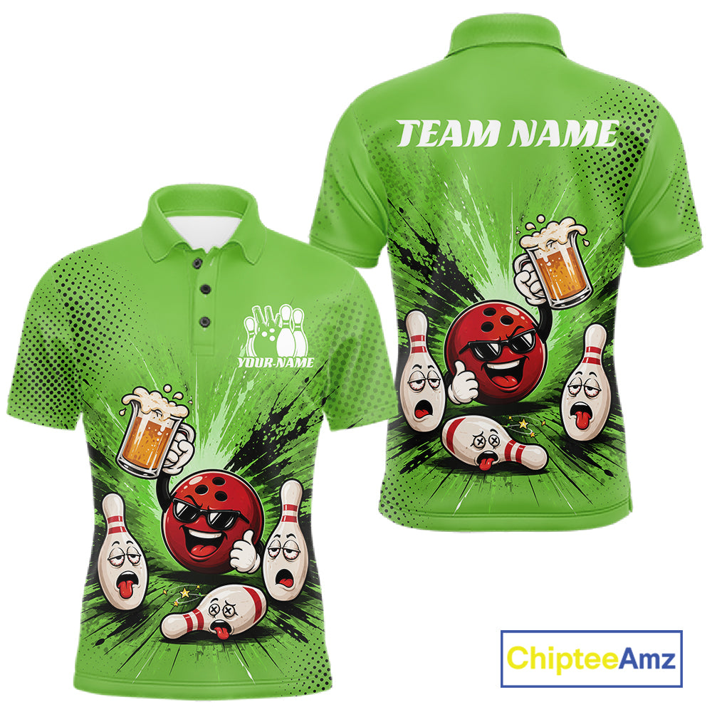 Custom green short-sleeve polo shirt shown from the front and back, featuring a bowling-themed funny cartoon graphic with a red bowling ball, white bowling pins, beer mugs, and placeholder text reading TEAM NAME and YOUR NAME. A ChipteeAmz logo appears in the bottom right corner.