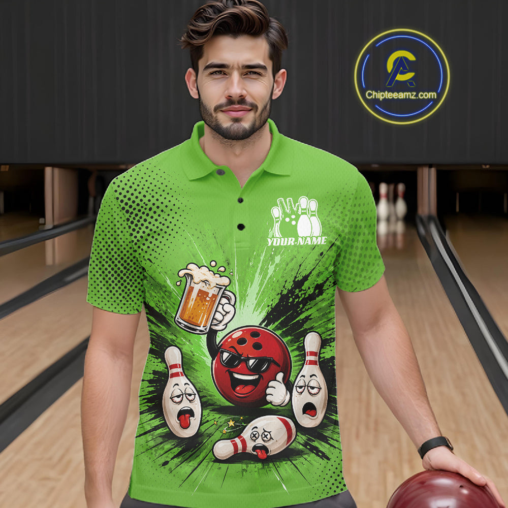A man wearing a bright green bowling-themed polo shirt with cartoon bowling pins, a red bowling ball, and a beer glass graphic, standing in a bowling alley holding a bowling ball.