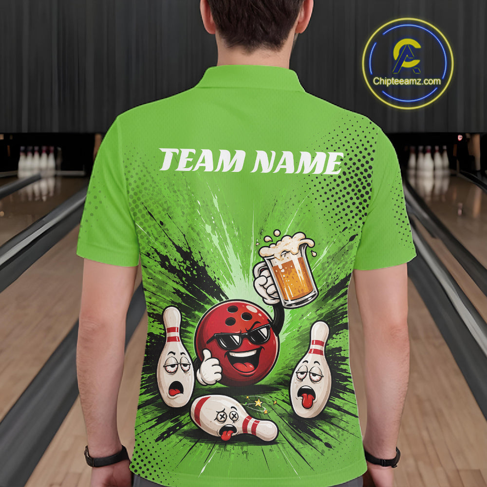A man viewed from behind wearing a bright lime green short-sleeve bowling-themed polo shirt with a cartoon bowling ball, pins, and bowling alley background printed on the back. 