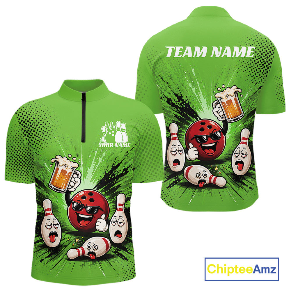 Custom Funny Beer Pitcher Bowling Men Quarter Zip Shirt, Green Bowling Party Shirt IPHW11855