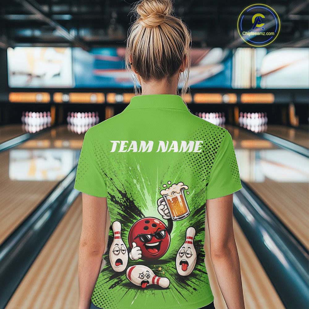 A woman viewed from behind wearing a bright green short-sleeve bowling-themed quarter zip shirt with a large cartoon bowling ball, pins, and a beer glass graphic on the back, along with the text 'TEAM NAME'. 