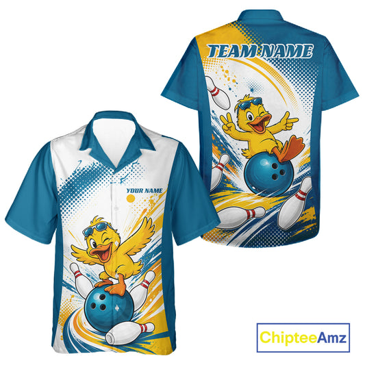 Front and back views of a custom bowling short-sleeve button-up shirt. The shirt features a blue, white, and yellow color scheme with a cartoon yellow duck bowling with a blue bowling ball and white pins.