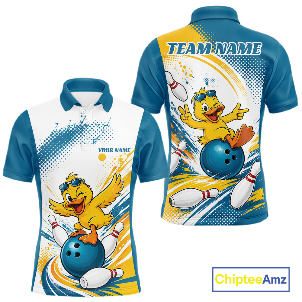 Custom womens short-sleeve polo shirt shown from the front and back, featuring a cartoon yellow duck bowling with white bowling pins, blue and yellow graphic splashes, and 'TEAM NAME' and 'YOUR NAME' text placeholders. 