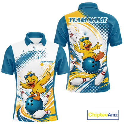 Custom womens short-sleeve polo shirt shown from the front and back, featuring a cartoon yellow duck bowling with white bowling pins, blue and yellow graphic splashes, and 'TEAM NAME' and 'YOUR NAME' text placeholders. 