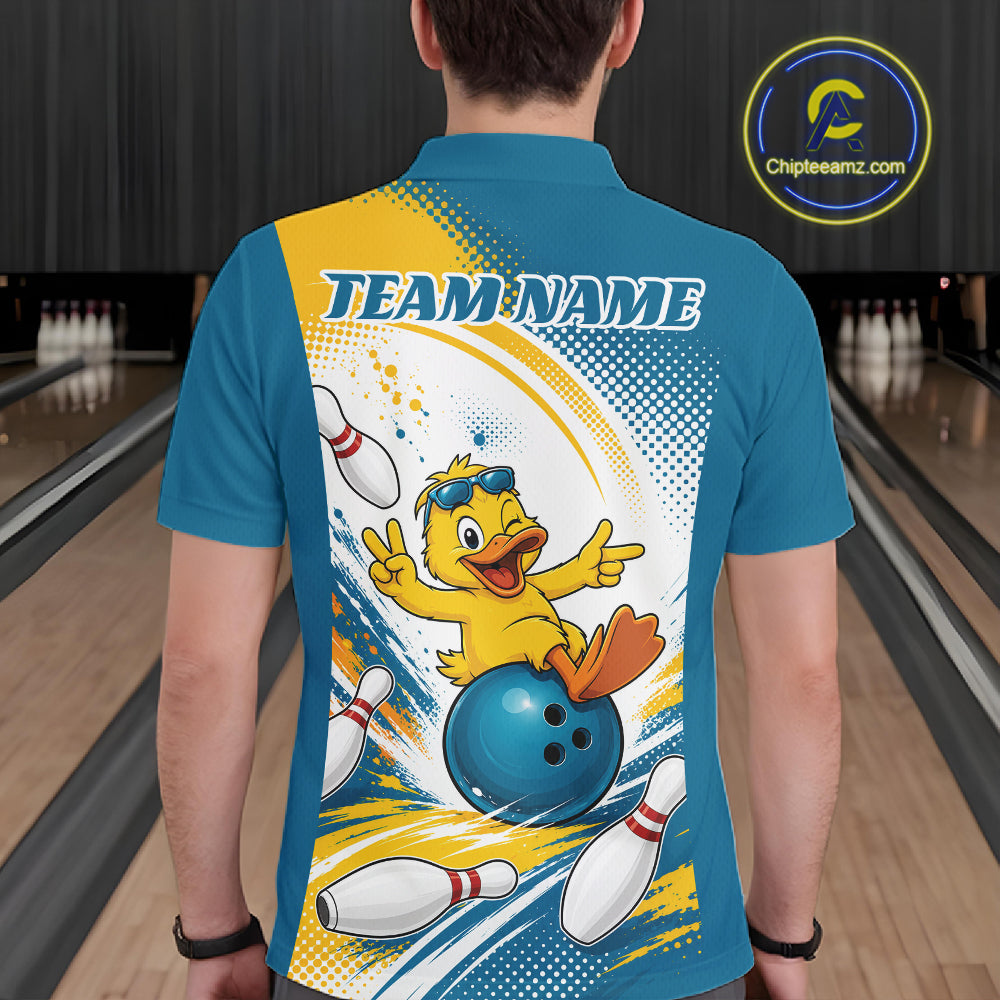 A man viewed from behind wearing a custom blue bowling-themed short-sleeve polo shirt with a large graphic of a yellow duck on a blue bowling ball and the text 'TEAM NAME'. 