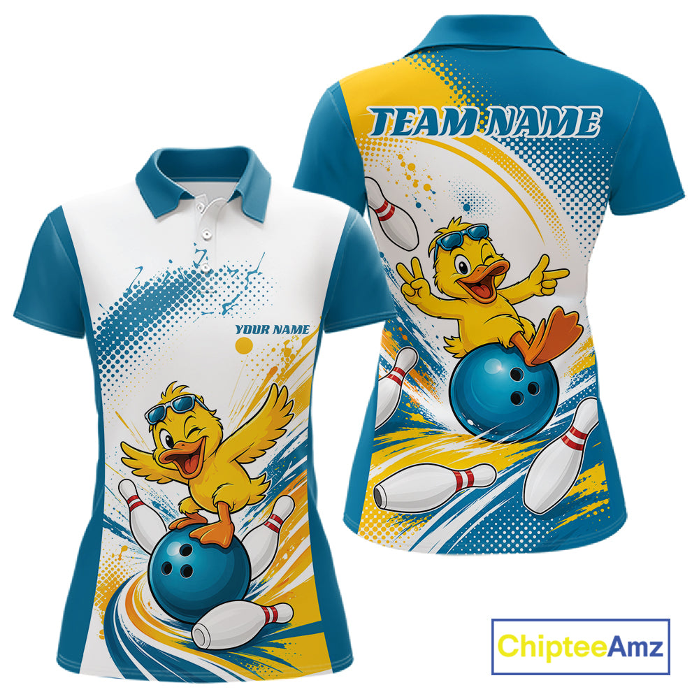 Custom womens short-sleeve polo shirt shown from the front and back, featuring a blue and yellow cartoon duck bowling graphic with white bowling pins and blue/yellow halftone accents.