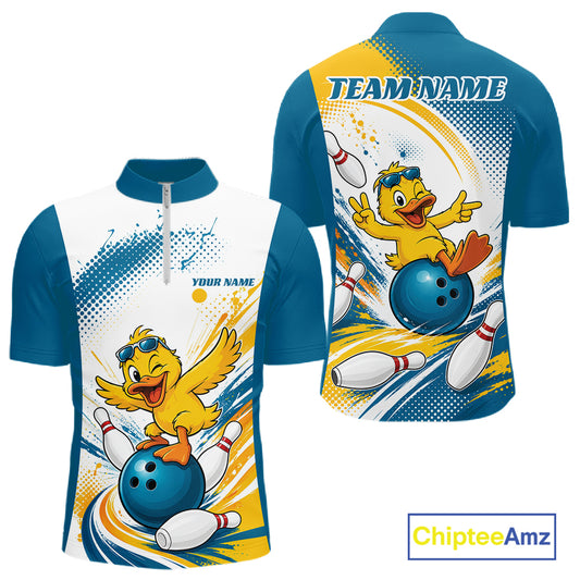 Front and back views of a customizable short-sleeve bowling-quarter zip shirt. The shirt features a blue collar and sleeves, with a white torso decorated with a cartoon yellow duck bowling with a blue bowling ball and white pins.