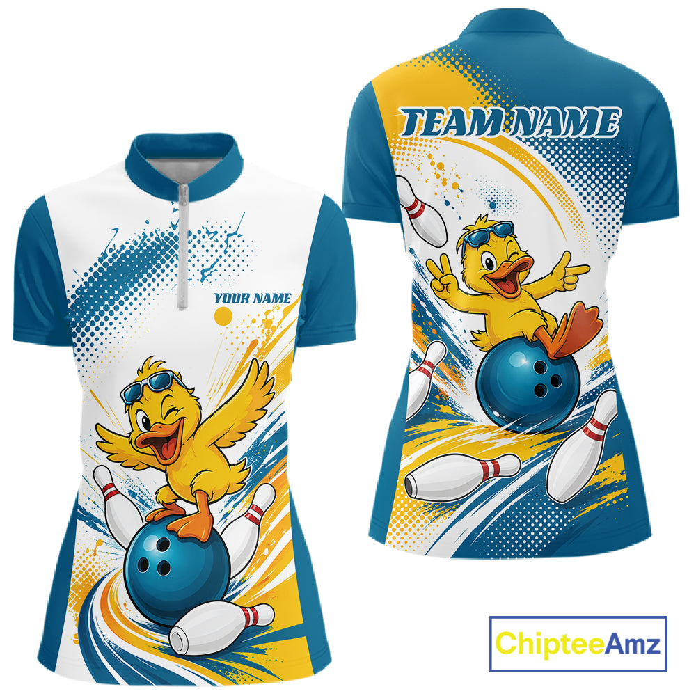 Custom Funny Yellow Duck Bowling Team Women Quarter-Zip Shirt, Playful Bowling Jersey IPHW11859