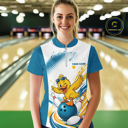 Custom Funny Yellow Duck Bowling Team Women Quarter-Zip Shirt, Playful Bowling Jersey IPHW11859