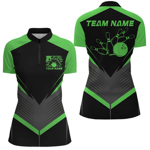 Black And Green Custom Vintage Ladies Bowling Shirts, Classic Bowling League Shirt For Team IPHW7704