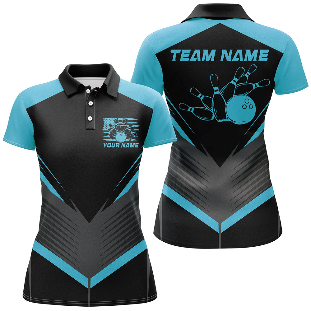 Black And Blue Custom Vintage Ladies Bowling Shirts, Classic Bowling League Shirt For Team IPHW7705