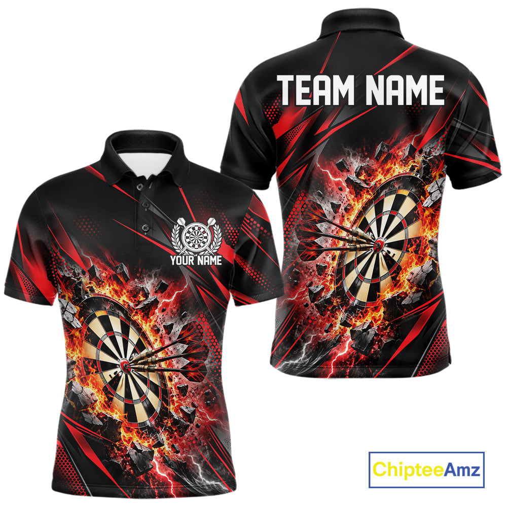 Custom Red Flame And Thunder Lightning Dartboard Matching Dart Team Polo Shirt For Men IPHW12543