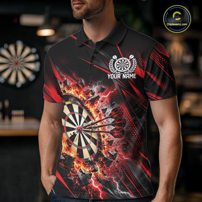 Custom Red Flame And Thunder Lightning Dartboard Matching Dart Team Polo Shirt For Men IPHW12543