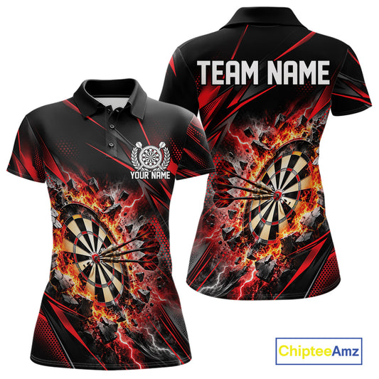 Custom Red Flame And Thunder Lightning Dartboard Matching Dart Team Polo Shirt For Women IPHW12543