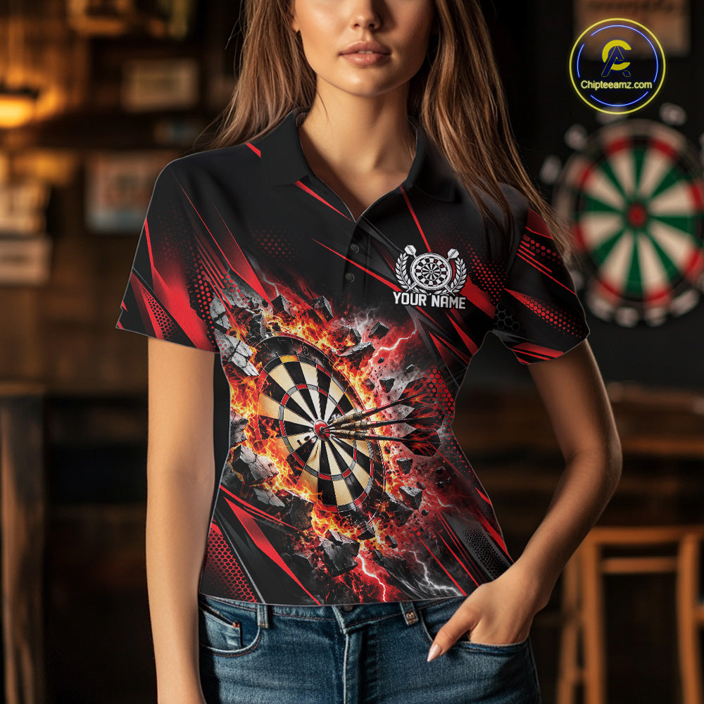 Custom Red Flame And Thunder Lightning Dartboard Matching Dart Team Polo Shirt For Women IPHW12543