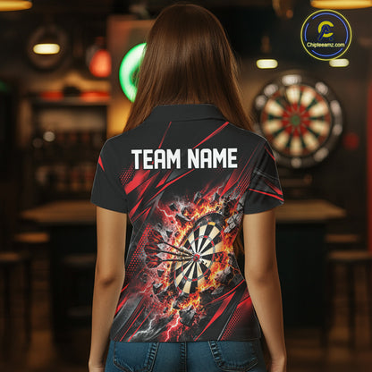 Custom Red Flame And Thunder Lightning Dartboard Matching Dart Team Polo Shirt For Women IPHW12543