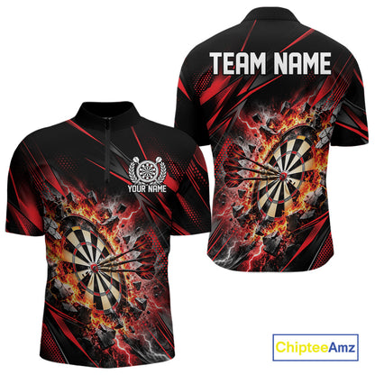 Custom Red Flame And Thunder Lightning Dartboard Matching Dart Team Quarter Zip Shirt For Men IPHW12543