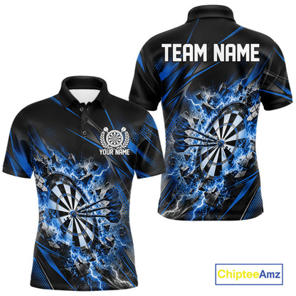 Custom Blue Flame And Thunder Lightning Dartboard Matching Dart Team Polo Shirt For Men IPHW12544