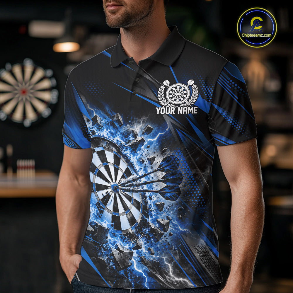 Custom Blue Flame And Thunder Lightning Dartboard Matching Dart Team Polo Shirt For Men IPHW12544