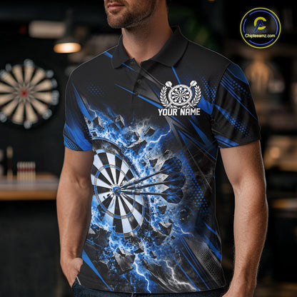 Custom Blue Flame And Thunder Lightning Dartboard Matching Dart Team Polo Shirt For Men IPHW12544
