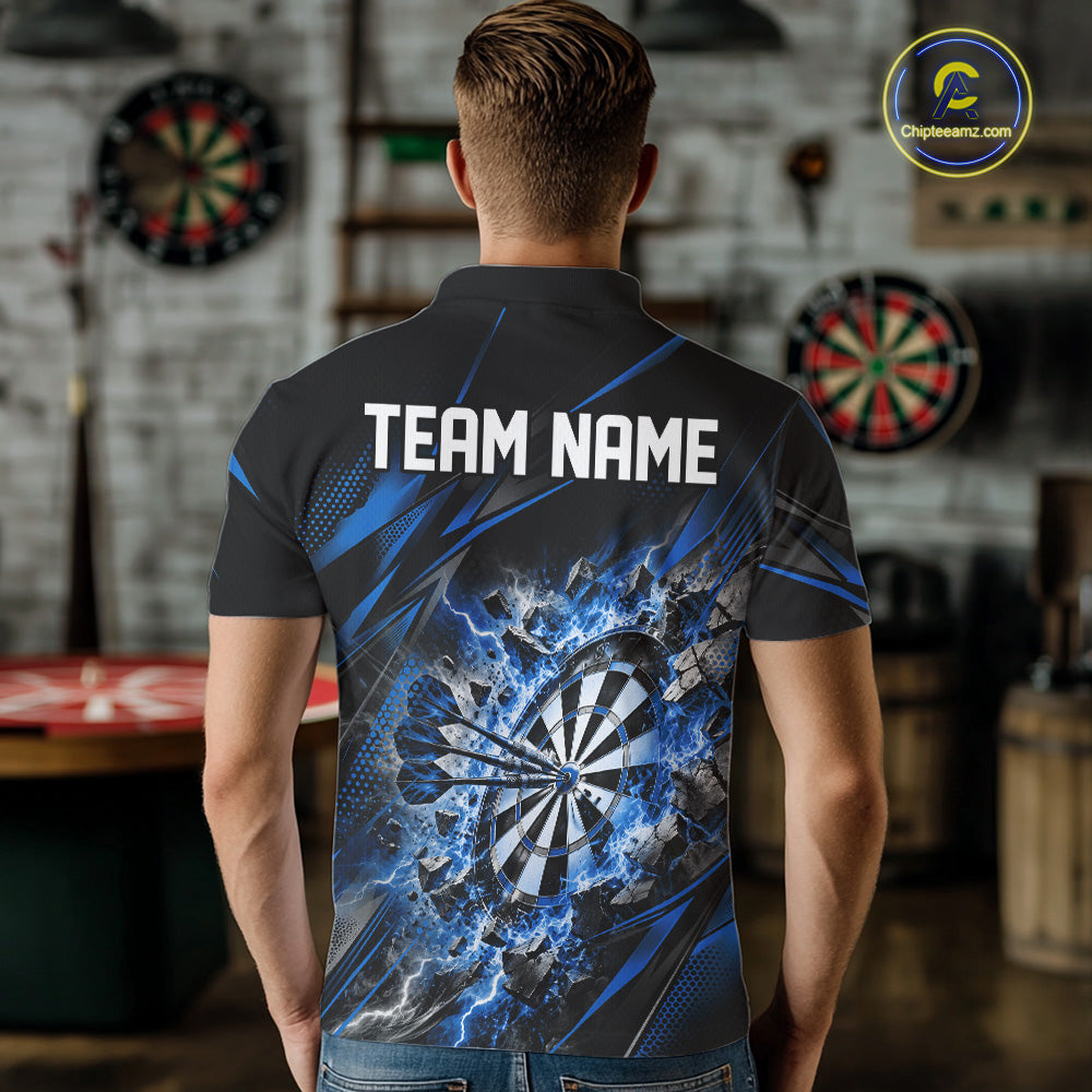 Custom Blue Flame And Thunder Lightning Dartboard Matching Dart Team Polo Shirt For Men IPHW12544