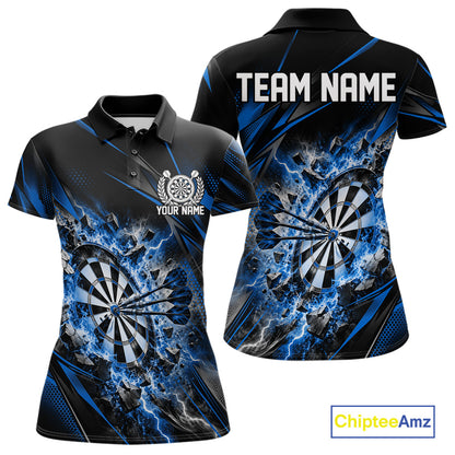 Custom Blue Flame And Thunder Lightning Dartboard Matching Dart Team Polo Shirt For Women IPHW12544