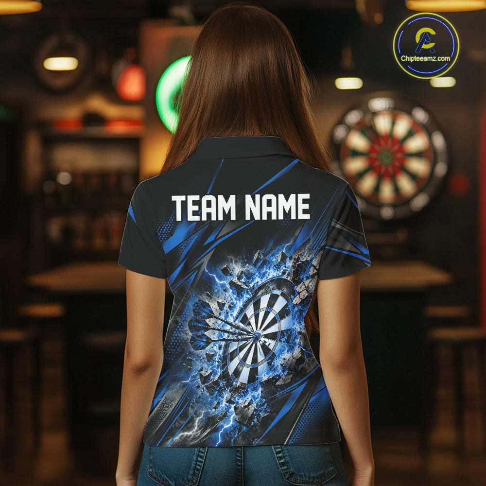 Custom Blue Flame And Thunder Lightning Dartboard Matching Dart Team Polo Shirt For Women IPHW12544