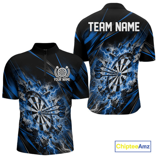 Custom Blue Flame And Thunder Lightning Dartboard Matching Dart Team Quarter Zip Shirt For Men IPHW12544