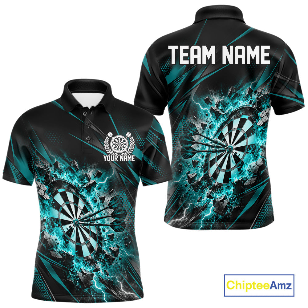 Custom Turquoise Flame And Lightning Dartboard Matching Dart Team Polo Shirt For Men IPHW12545