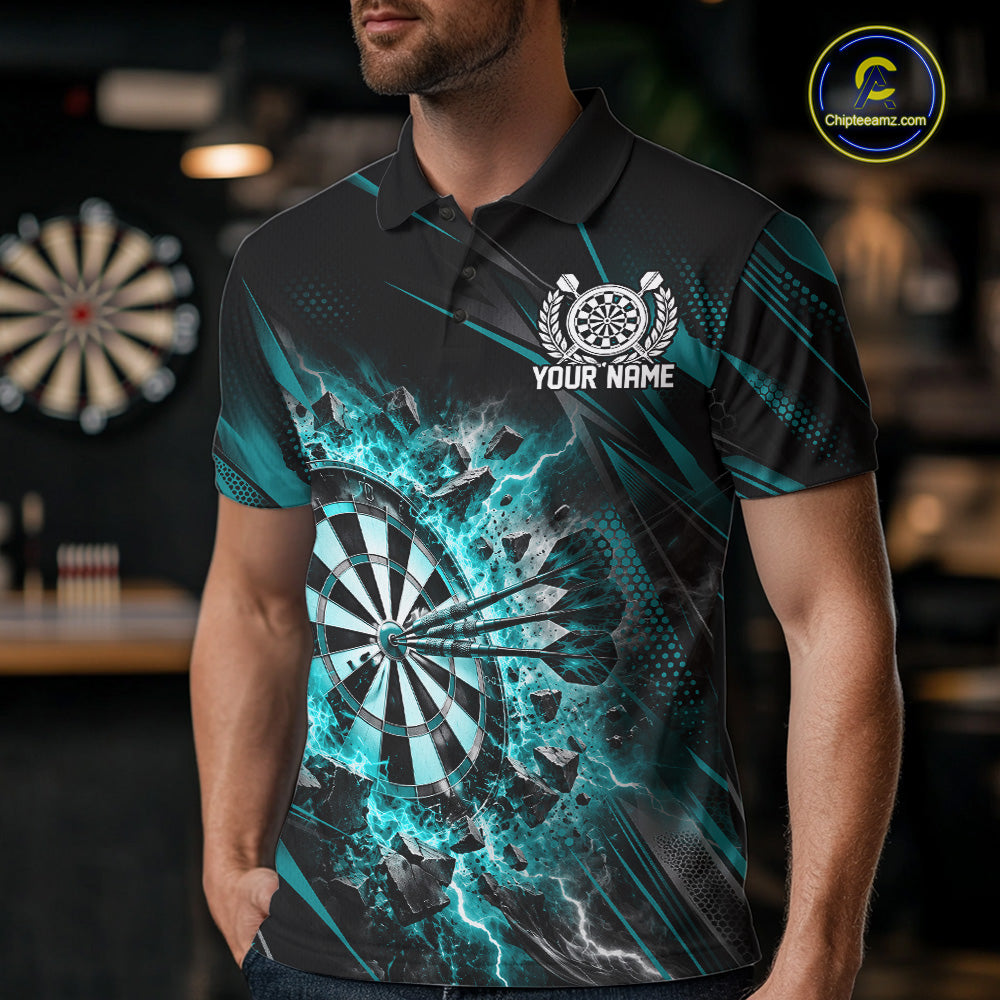 Custom Turquoise Flame And Lightning Dartboard Matching Dart Team Polo Shirt For Men IPHW12545